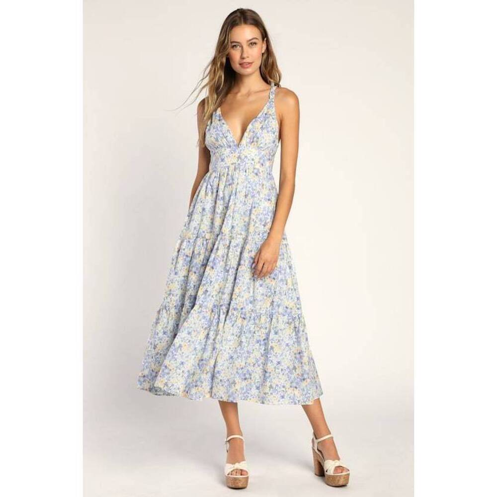Lulus Brightly Blossoming Light Blue Floral Tiered Midi Dress - Size M